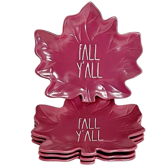 RAE DUNN FALL Y'ALL CERAMIC LEAF PLATES SET OF 4 ARTISAN COLLECTION MAGENTA NEW! - Picture 3 of 3